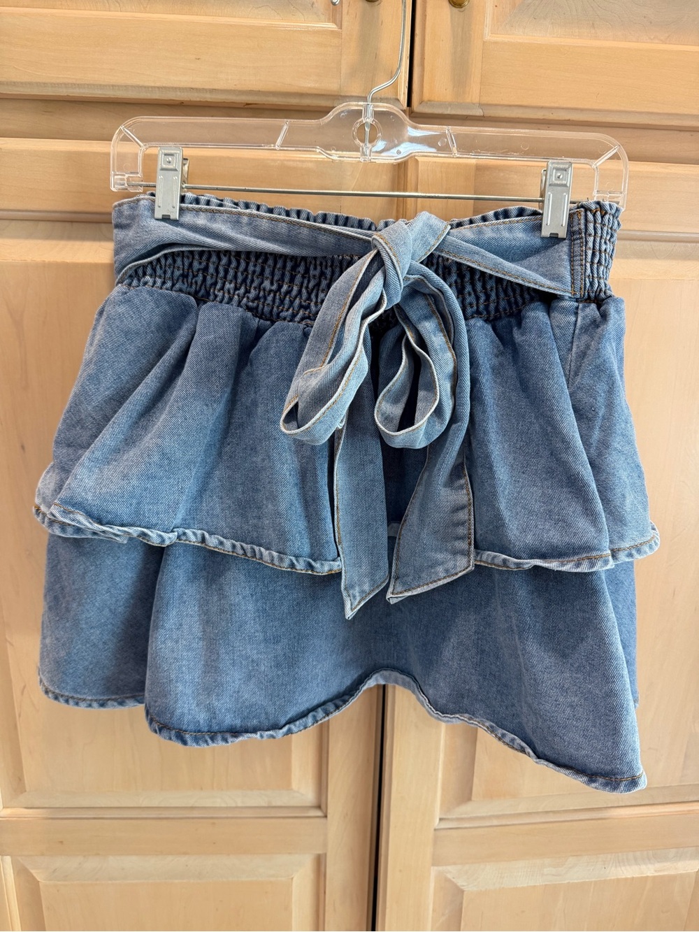 Smocked Tie-Waist Denim Mini Skirt in Light Blue 1XL